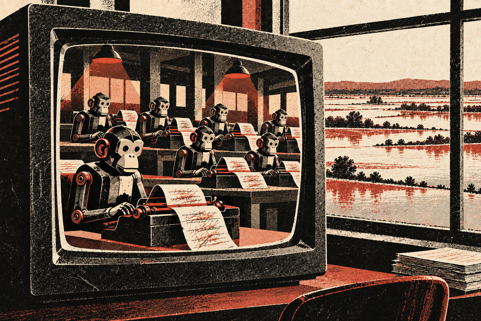 Robotic monkeys at typewriters inside an old CRT monitor, flooded fields outside