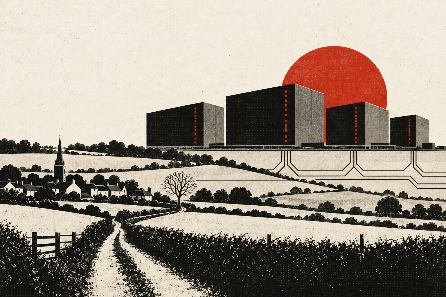 Conceptual illustration of data centre buildings above a Devon village